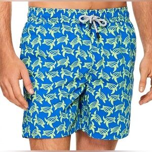 Tom & Teddy Men XL Blue Green Turtle Elastic Waist Swim Trunk w/Liner Beach $100
